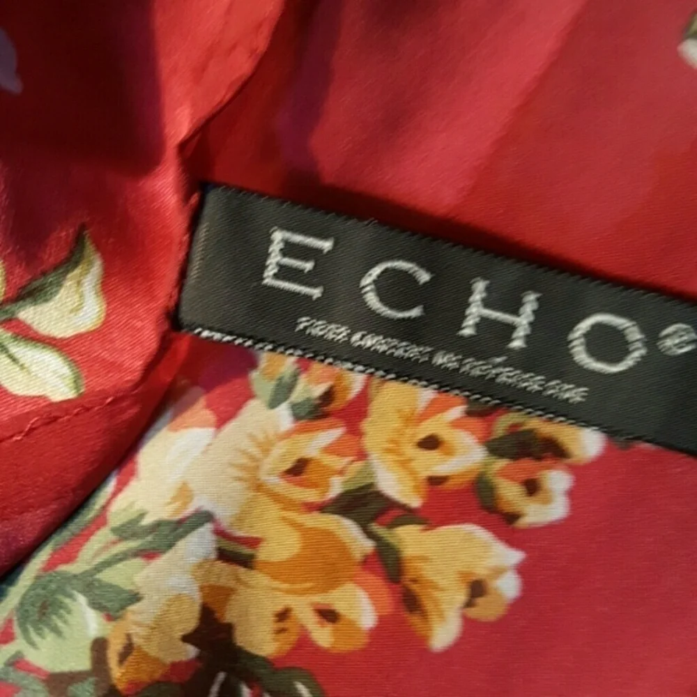 Echo 100% Silk Red Floral Sheer Scarf Vintage Style
